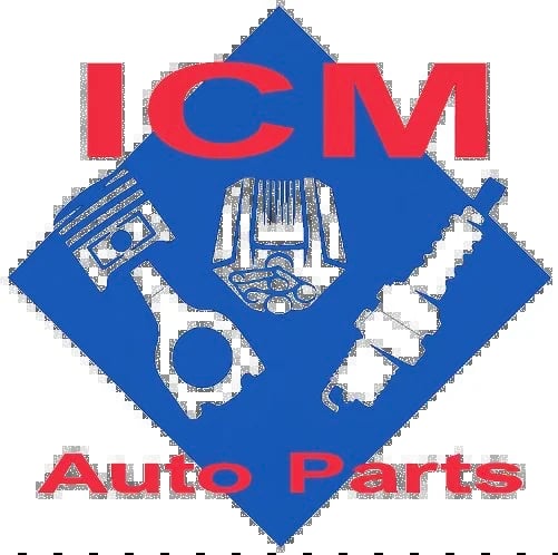 ICM Auto Parts logo featuring red text and blue diamond shape with automotive imagery on textured background