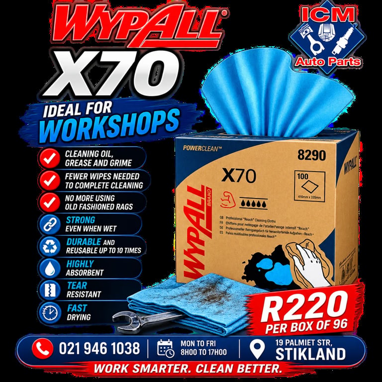 WyPall X70 blue industrial cleaning cloths promotional flyer showing product box, individual cloths, and pricing of R220 per box of 96